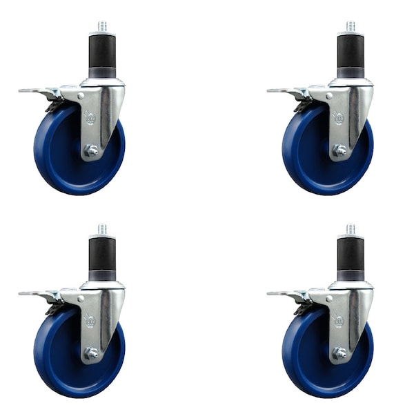 5'' Solid Poly Swivel 1-5/8'' Expanding Stem Caster Set Total Lock Brake, 4PK